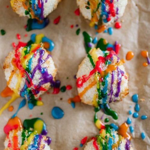 Vegan coconut macaroons (without eggs) with rainbow glaze